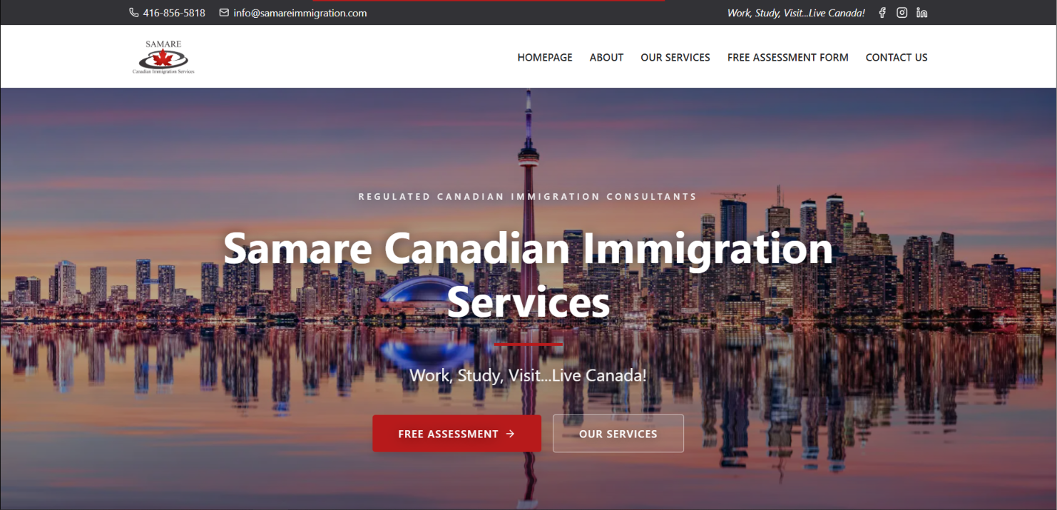 Samare Canadian Immigration Services homepage with a Toronto skyline hero and Free Assessment call to action.